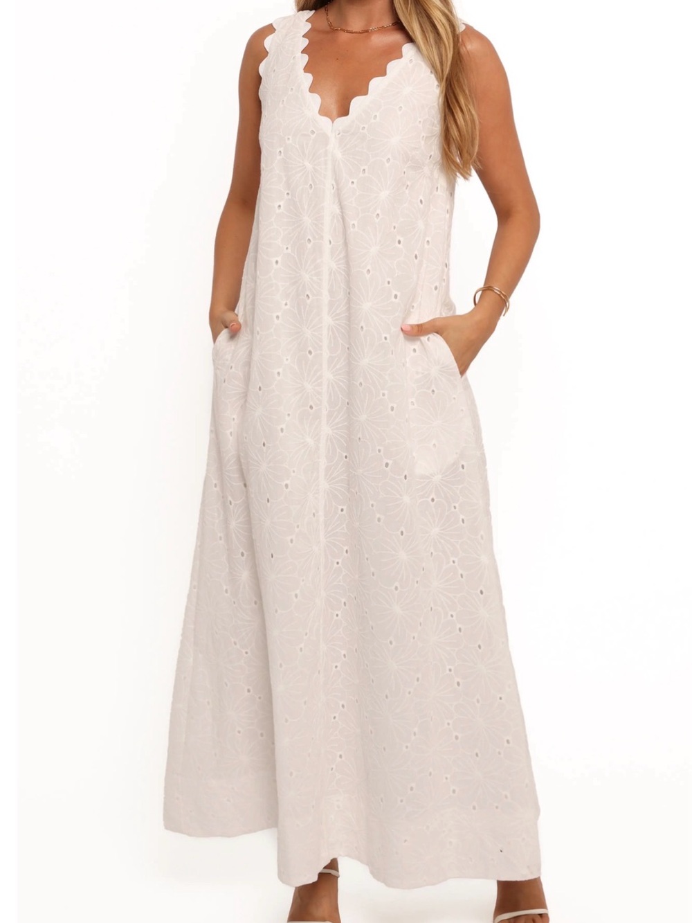 Petal & Pup - Gabriela Embroidered Eyelet Cotton Maxi Dress with Scallop V-Neck